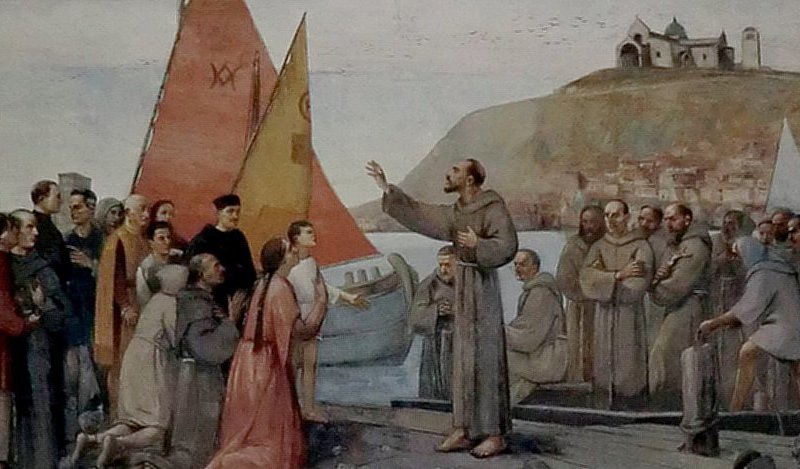Fresko: Franzsikus und seine Brüder Abreise ins Heilige Land, im Santuario Joseph von Copertino in Osimo / Foto: Joachim Schäfer - Ökumenisches Heiligenlexikon